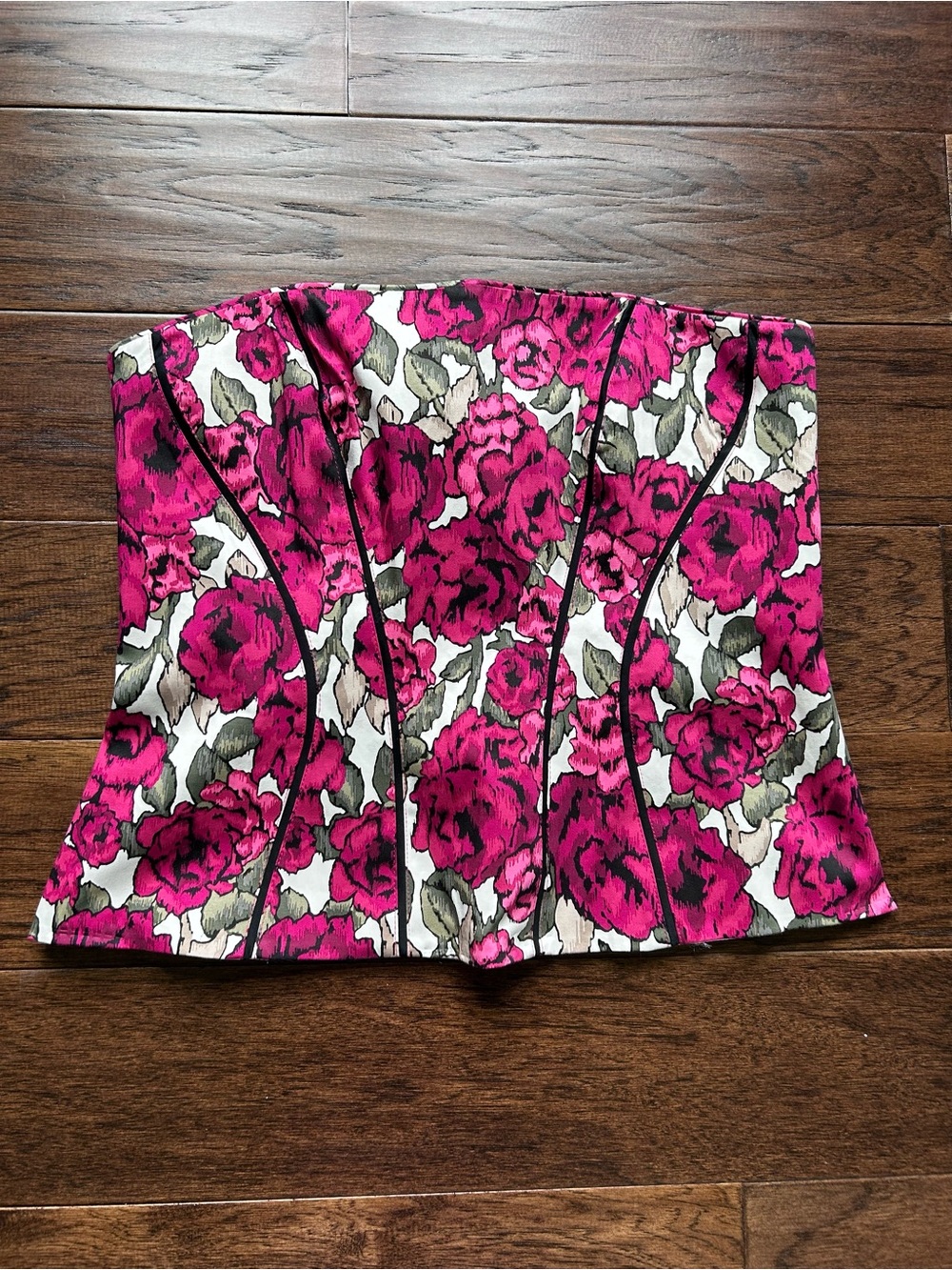 White House Black Market sz 12 Floral Strapless Corset Top 🩷 white, pink, black